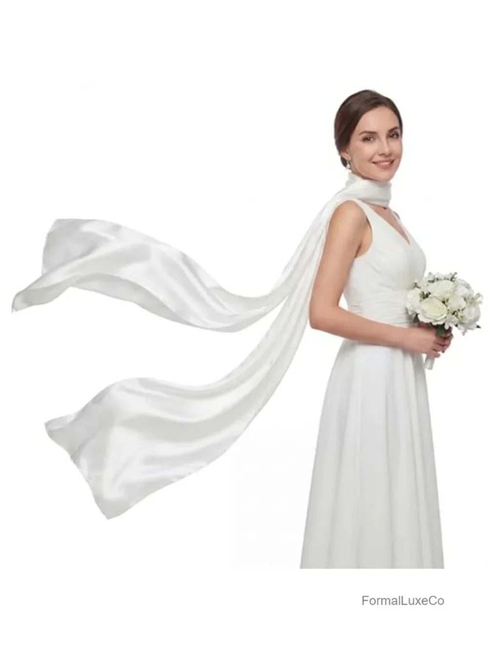 Ivory Satin Tulle Bridal Neckerchief Scarf Flowing Shawl Wedding Accessory